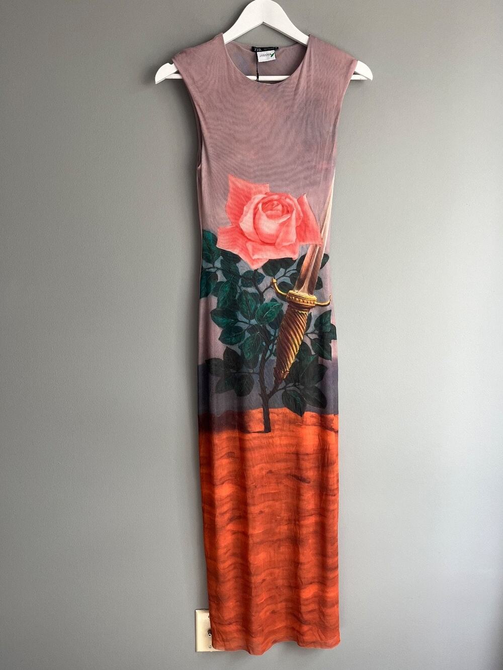Zara x René Magritte NWT Le Coup au Coeur Rose Dagger Tulle Maxi Dress S Artsy